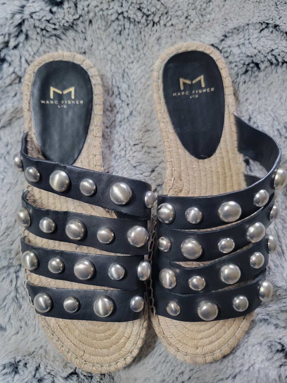 Marc Fisher Black Multi-Stud Espadrille Slide Sandals Sz 8/8.5
